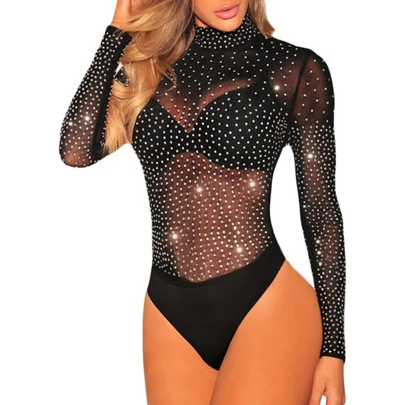 Women's Long Sleeves Sheer Mesh Leotard  Bodysuit Jumpsuit Body Suit Tops - Picture 1 of 2